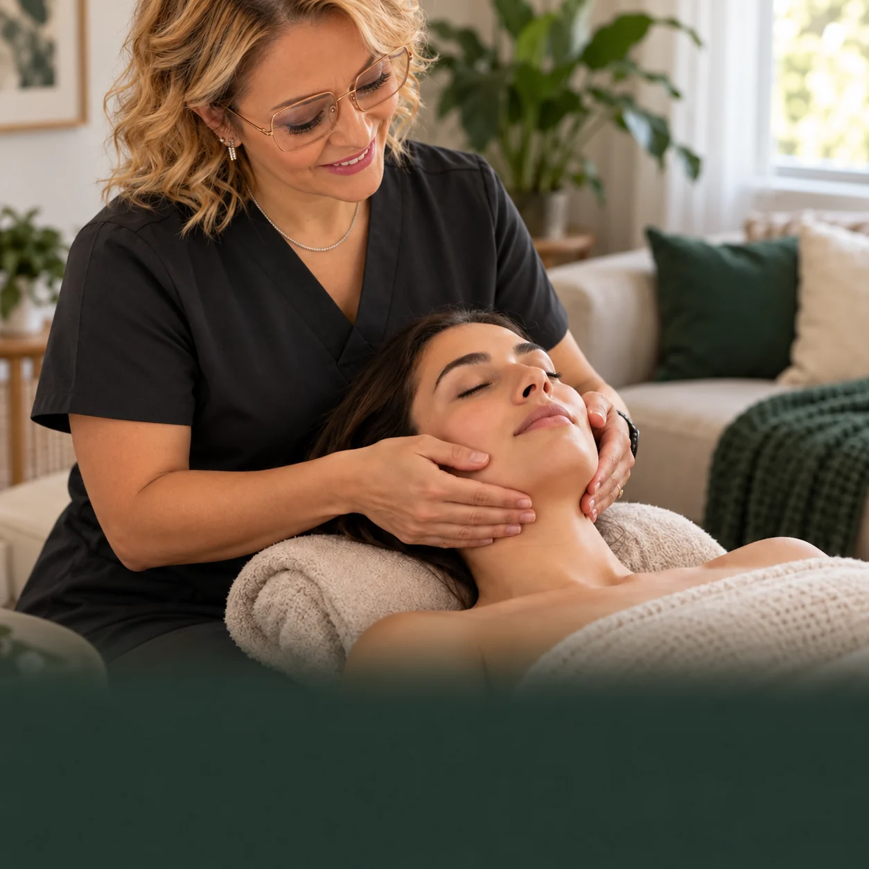Cândida Duarte realizando drenagem linfática facial